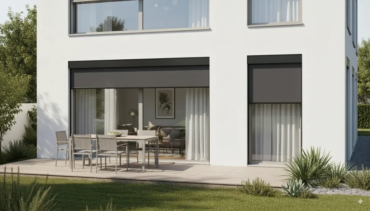 une maison moderne vue de l'extérieur équipée de protections solaire