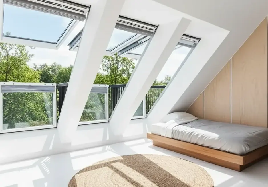 Chambre avec un lit sous trois fenêtres de toit VELUX