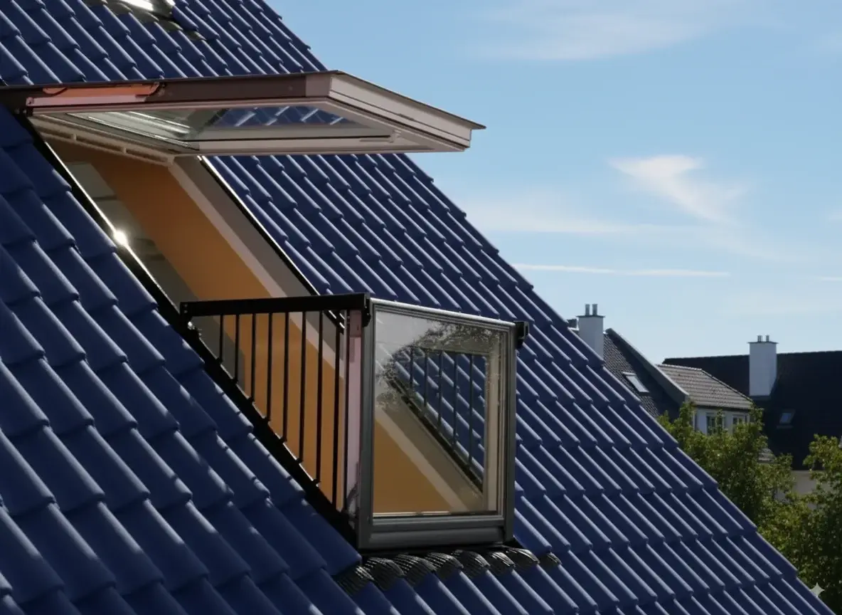 Fenêtre de toit ouverte en balcon, vue depuis l’extérieur
