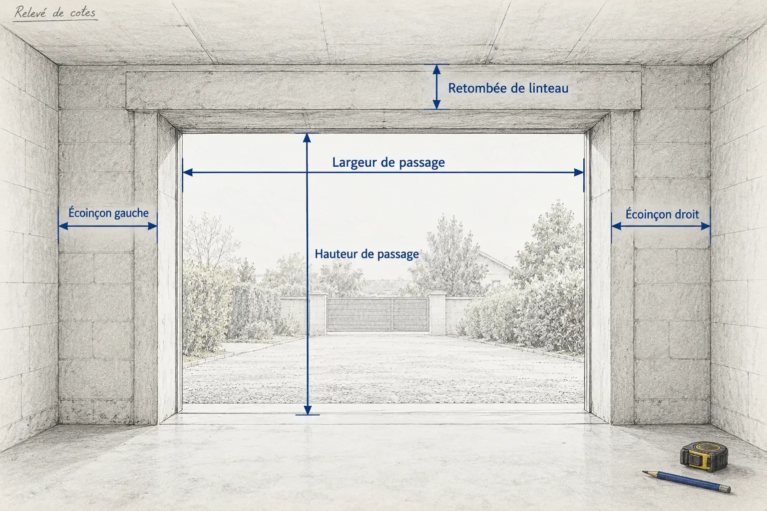 Illustration technique du relevé d’une ouverture de garage : largeur et hauteur de passage, retombée de linteau et écoinçons gauche et droit