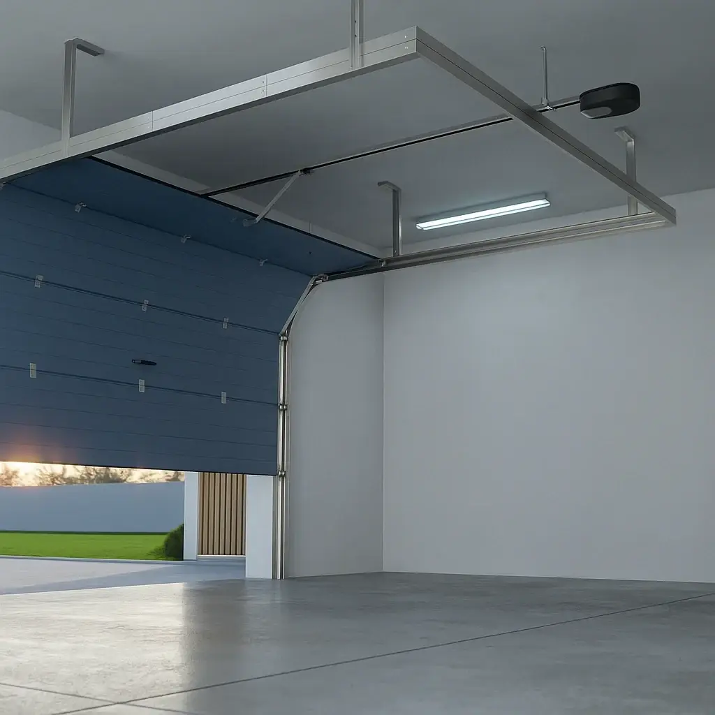 Illustration d’une porte de garage sectionnelle avec rails et motorisation sous le plafond