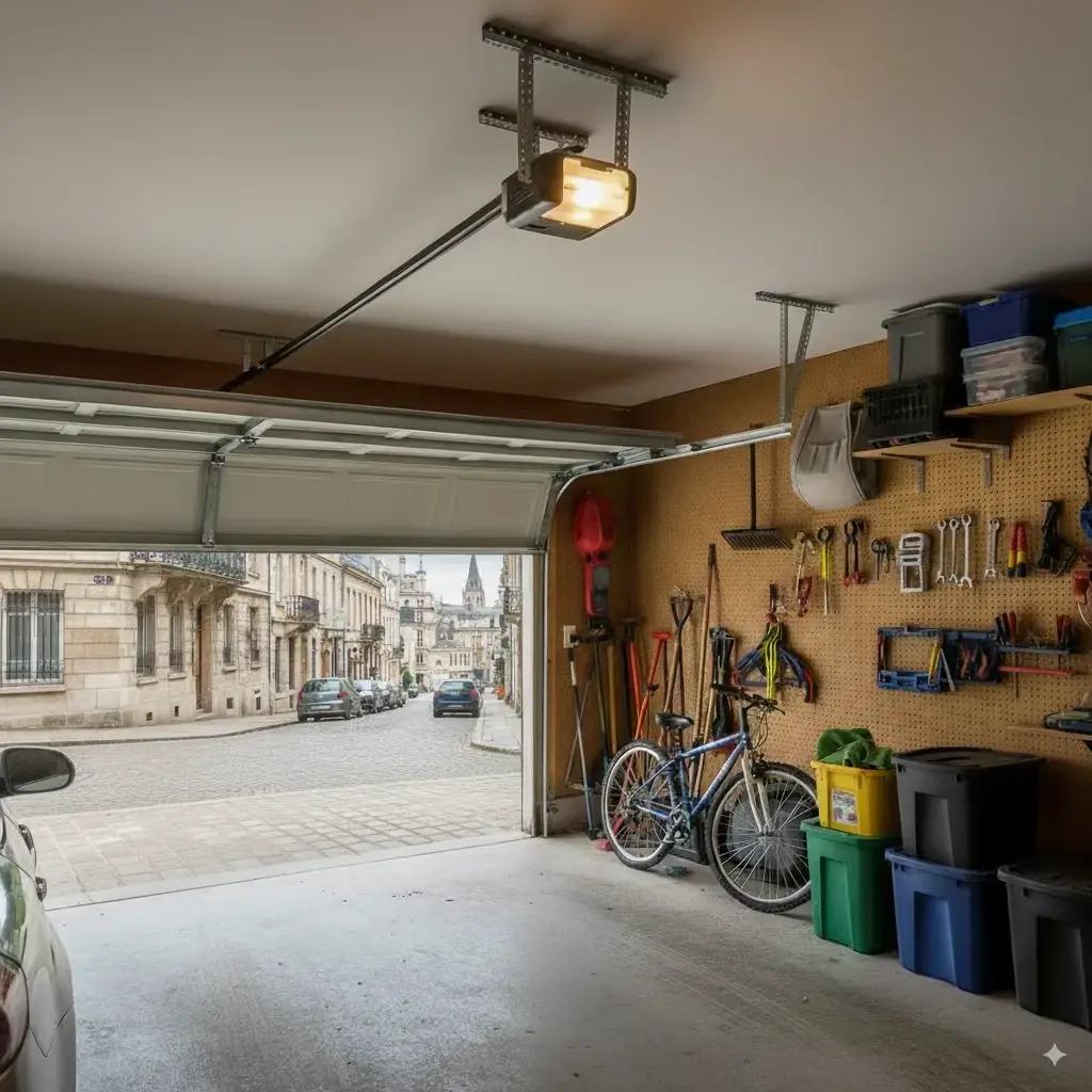 Illustration d’un garage ouvert avec une porte sectionnelle et un moteur fixé au plafond