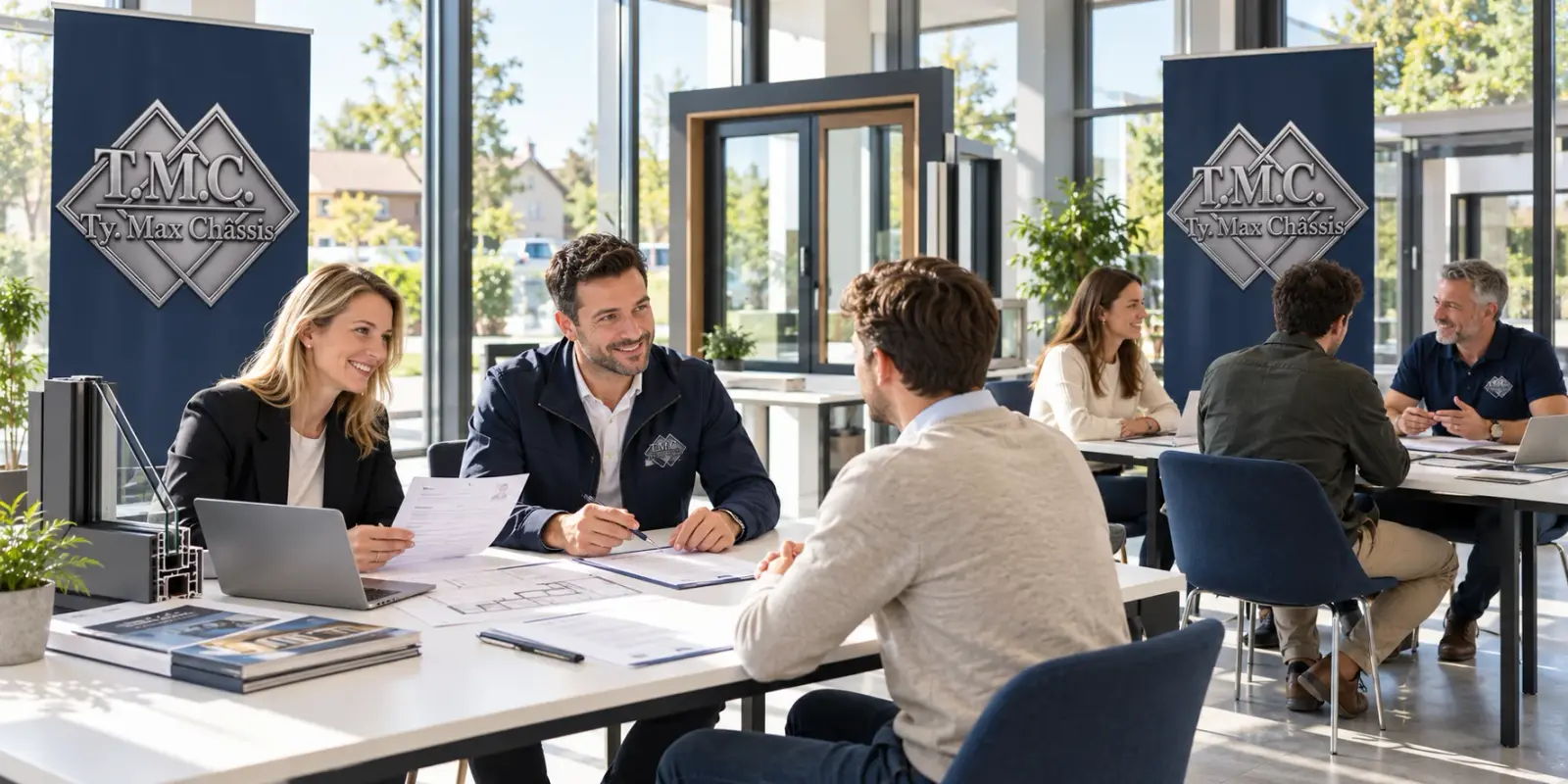 Illustration d’une rencontre de recrutement avec des personnes distinctes et des panneaux portant le logo Tymax Châssis