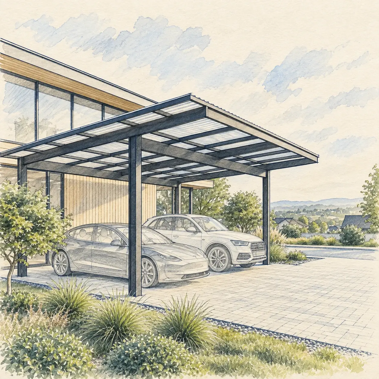 Illustration d’un carport pour deux véhicules à côté d’une maison