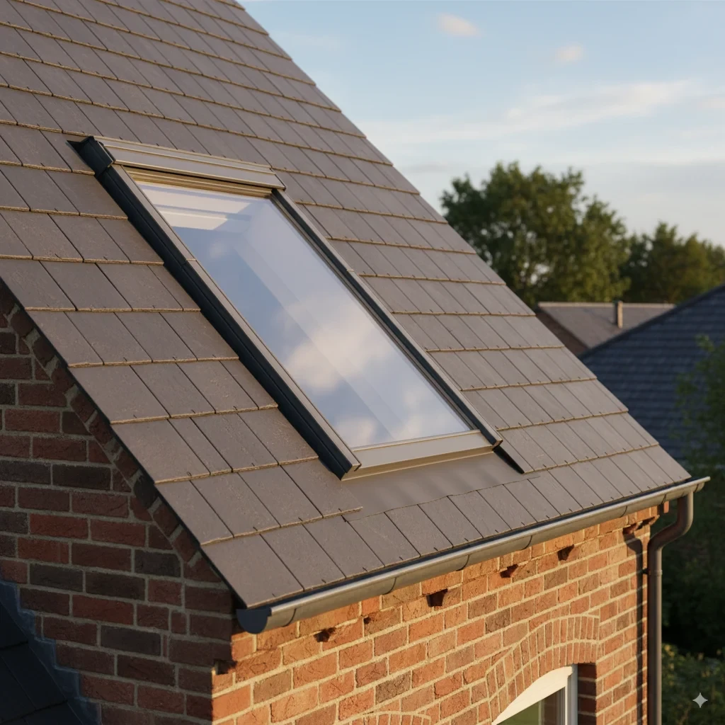 une fenêtre de toit vue de l'extérieur d'une maison