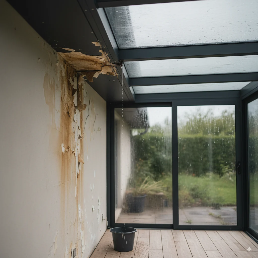 vue d'un chantier pour réparer une fuite dans une véranda
