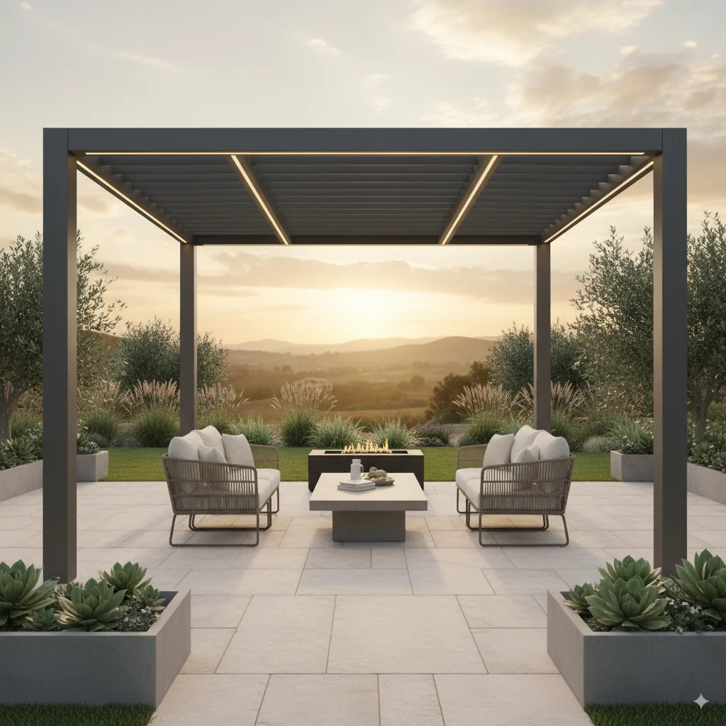une pergola au soleil couchant