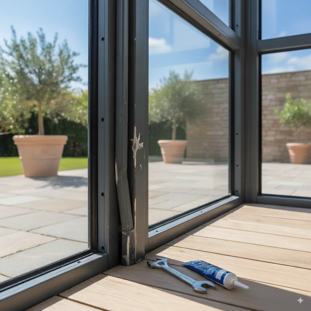 vue d'un chantier pour remplacer le montant d'une véranda