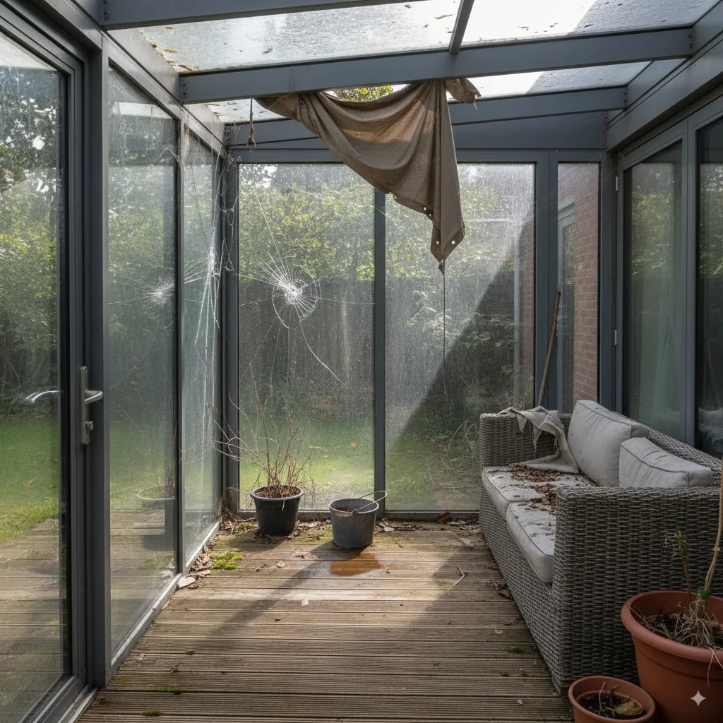 vue intérieure d'une véranda qui a besoin de rénovation