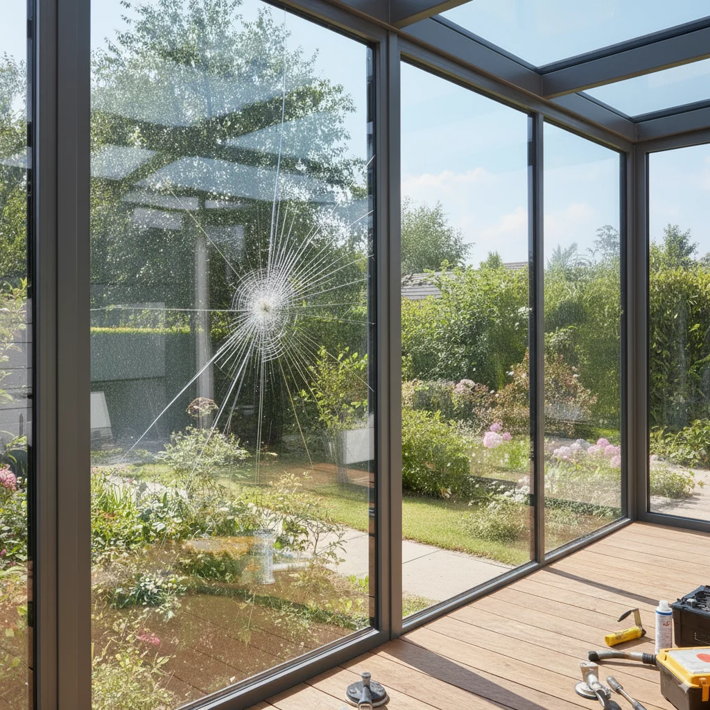 vue d'un chantier pour remplacer la vitre d'une véranda