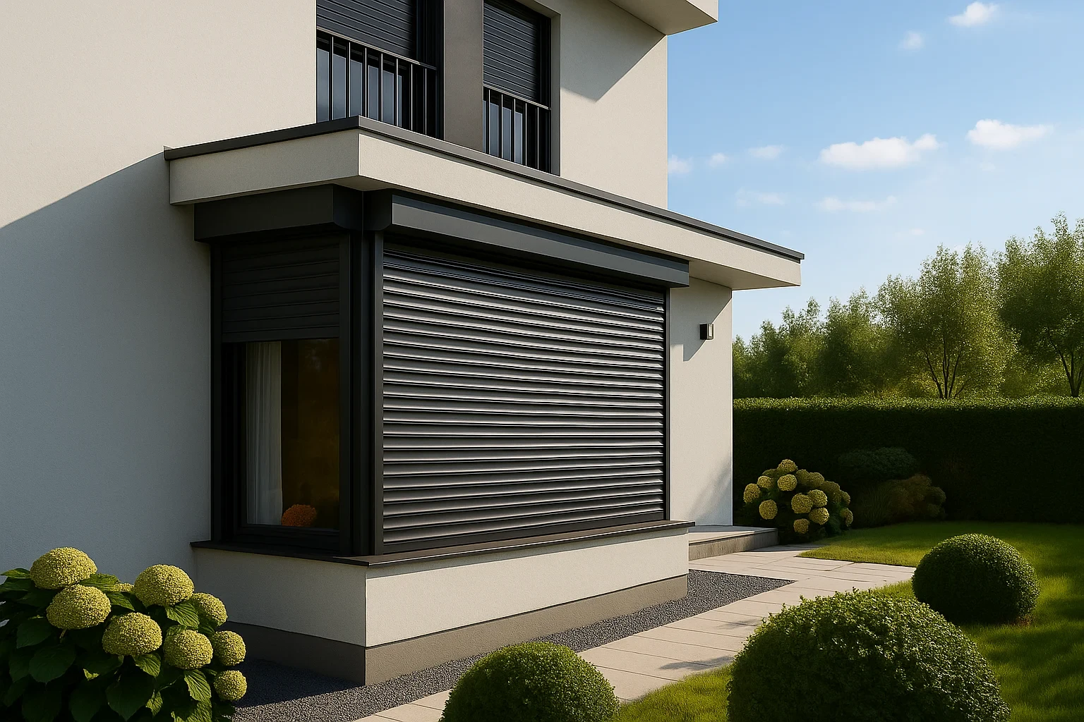 une maison moderne vue de l'extérieur avec de beaux volets roulants